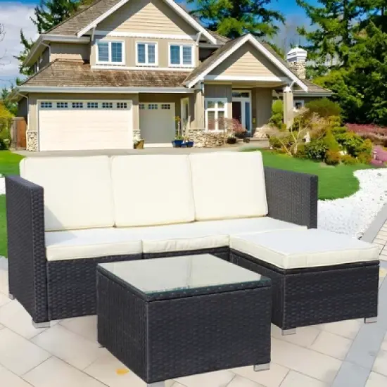 FIONECA 5-Piece Outdoor Patio Furniture Set, PE Rattan Wicker Sofa Set with Beige Cushions & Coffee Table for Garden/Backyard image {16}