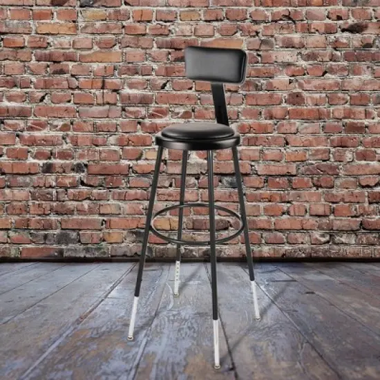 Set of 2 32"-39" Height Adjustable Heavy Duty Vinyl Padded Steel Accent Barstools with Backrest Black - Hampden Furnishings image {6}