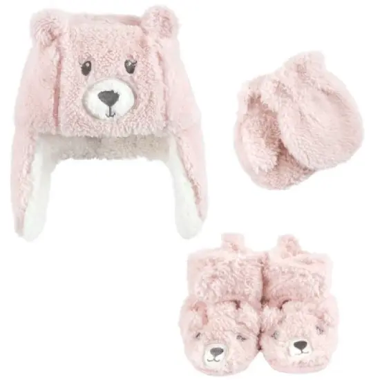 Hudson Baby Infant Girl Trapper Hat, Mitten and Bootie Set, Pink Bear image {10}