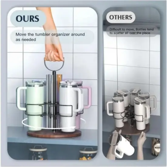 SEVOBAL Stanley 40 oz Cup Organizer with Handle Rotating Tumbler Holder Bottle Storage Rack Kitchen Holder Non-Slip Pad, Black, 12.87"*12.87"*3.51" image {3}