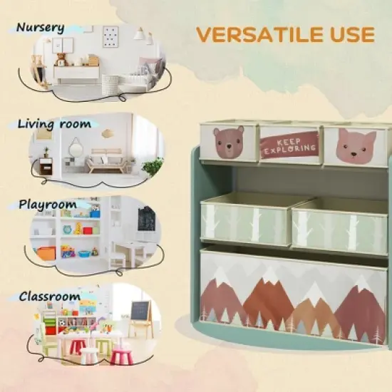 Qaba Kids Toy Organizer and Kids Easel Set with 6 Storage Bins, Paper Roll, Blackboard, Whiteboard, Cute Bear Design, for Ages 3-8 Years, Green image {5}