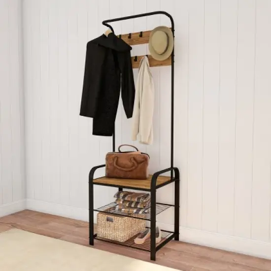 Hastings Home Entryway Bench with Coat Rack, Seat, Hooks, and Shoe Storage, Brown image {2}