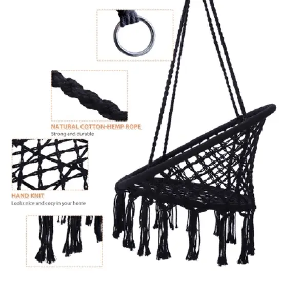 Cesicia Black Hammock Chair, Macrame Swing, Max 330 Lbs Hanging Cotton Rope Hammock Swing Chair for Indoor and Outdoor image {3}