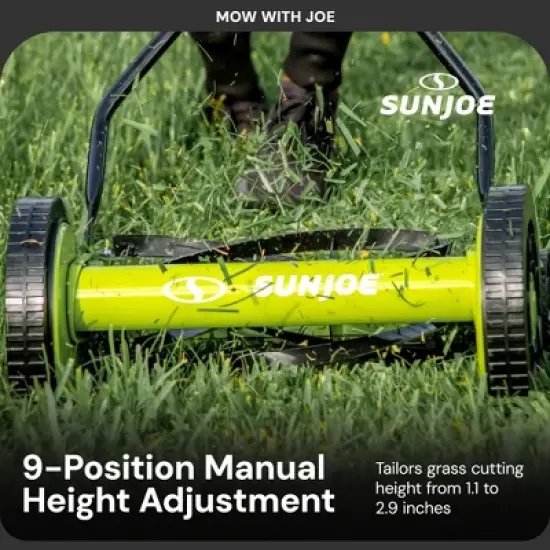 Sun Joe Cordless, Manual Push Reel Lawn Mower, Green &ndash; Grass Trimmer, 14 Inch Quad Wheels, Steel Design, and 9 Adjustable Positions, MJ503M image {3}