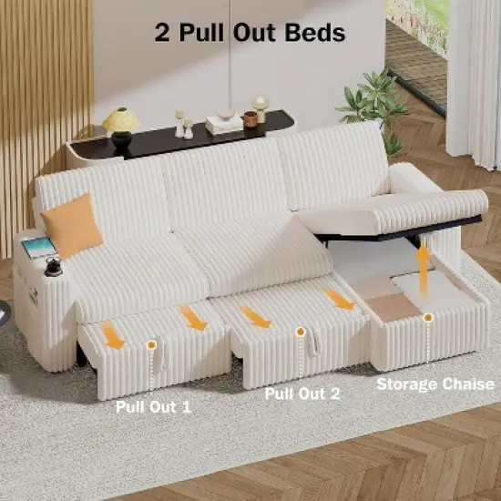 Vipbear 101" Sectional Sleeper Sofa Bed, Pull-Out Bed, Reclining Backrest, Reversible Storage Chaise, USB Ports & Cup Holders image {5}