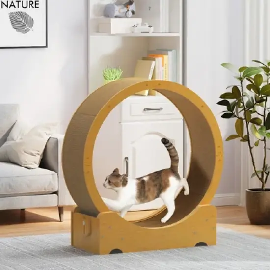 FURNIinspire Pet Tower Cat Exercise Wheel, Wooden Cat Treadmill Lock, Silent Caster, Cat Running Wheel for Indoor Kittens, Brown, 34"*14.4"*38" image {5}