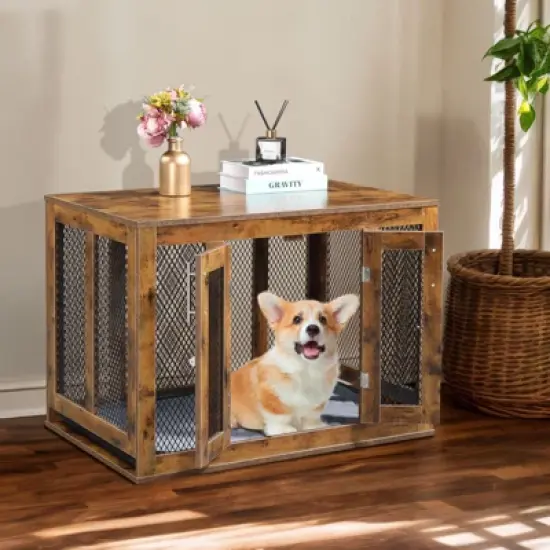 SEVOBAL Pet Crates and Houses Rustic Chic Pet Crate and Side Table, Multi-Functional Furniture for Dogs and Cats in Bedroom, Brown, 40.4"*26.9"*7.3" image {4}