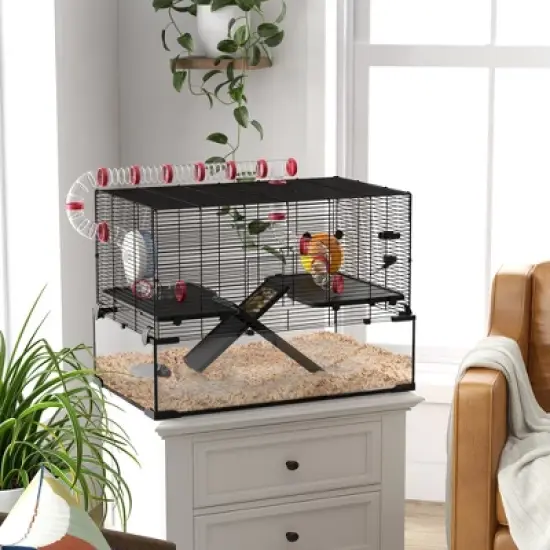 PawHut 31" Hamster Cage with Tube Tunnel, Rat Gerbil Cage w/ Deep Glass Bottom, Water Bottle, Food Dish, Exercise Wheel, Ramps image {2}