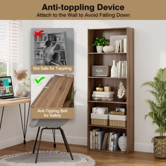 Costway 5-Shelf Storage Bookcase Stand Modern Multi-Functional Display Cabinet Walnut image {5}