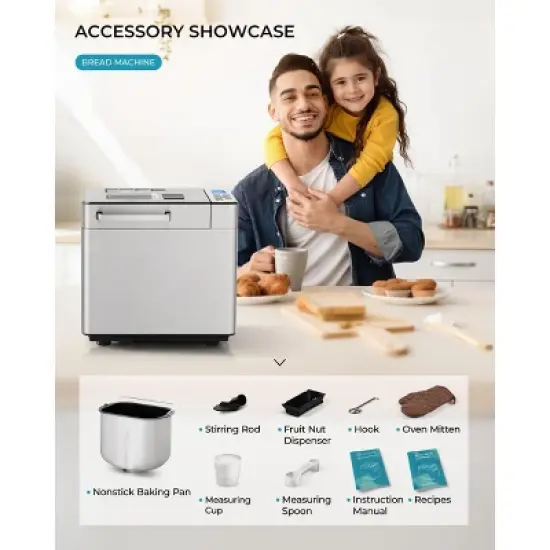 Simzlife 25 in 1 Bread Maker, 3 Loaf Sizes, Preprogrammed Menu, Delay Timer, Digital Control, Stainless Steel, Compact Machine, for Beginner, Silver image {5}