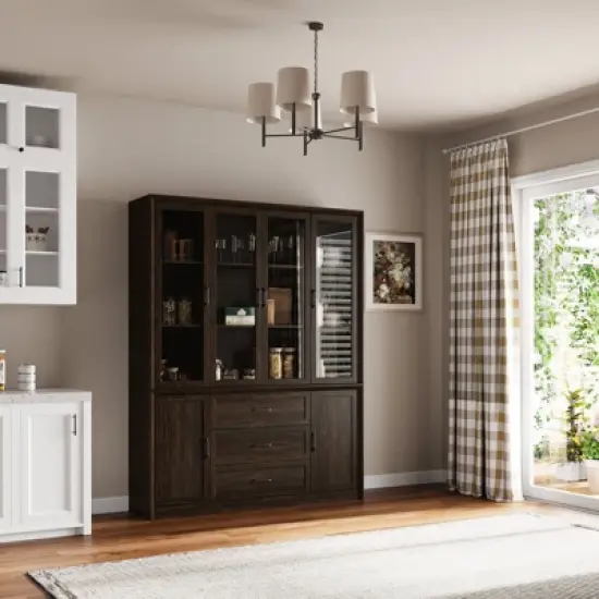 Famapy Glass-Door Kitchen Pantry Cabinet,Kitchen Organizer with 3 Drawers & 13 Shelves,Kitchen Storage Hutch for Organizing Dry Goods,Kitchenware image {9}