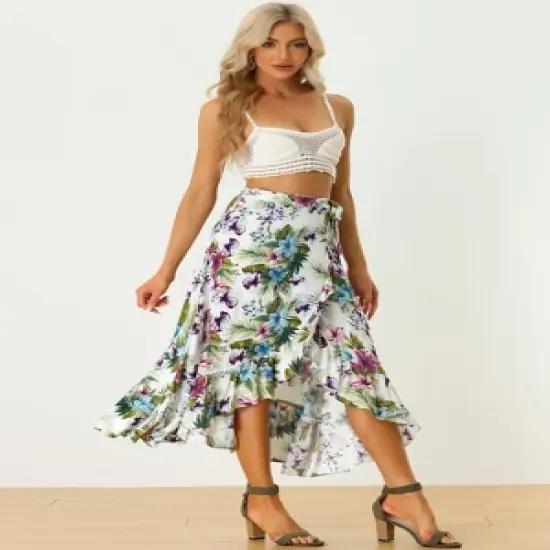 Allegra K Women's Tropical Floral Print Ruffle Self Tie Knot Split Beach Wrap Midi Skirt image {2}