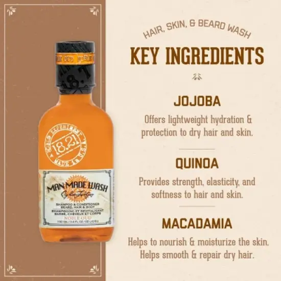 18.21 Man Made Noble Oud 3-in 1 Travel Size Men's Shampoo+Conditioner+Body Wash, 3.4 oz image {3}