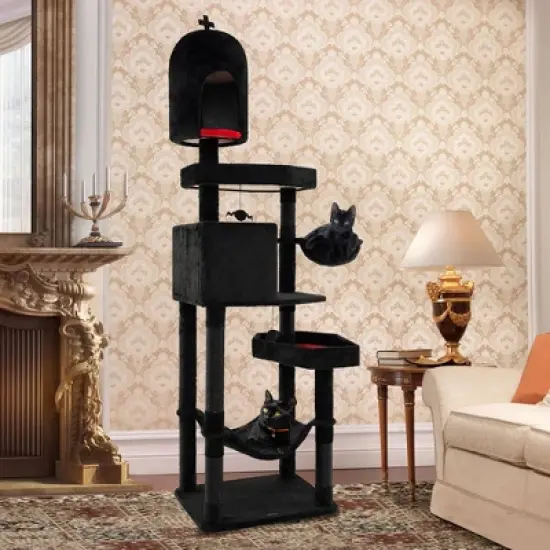 Tangkula Gothic Cat Tree for Indoor Cats Extra Large Cat Tower w/2 Cat Condos Coffin Bed image {2}