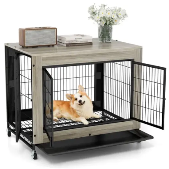 Tangkula Dog Crate Furniture Industrial Dog Kennel w/ Flip-up Top Decorative Pet House image {10}