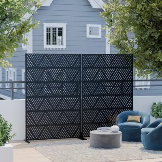 PexFix 72" x 47" Metal Privacy Screen Outdoor Freestanding Decorative Privacy Screen for Patio Deck Balcony Garden with Stable Base Triangular Black image {1}