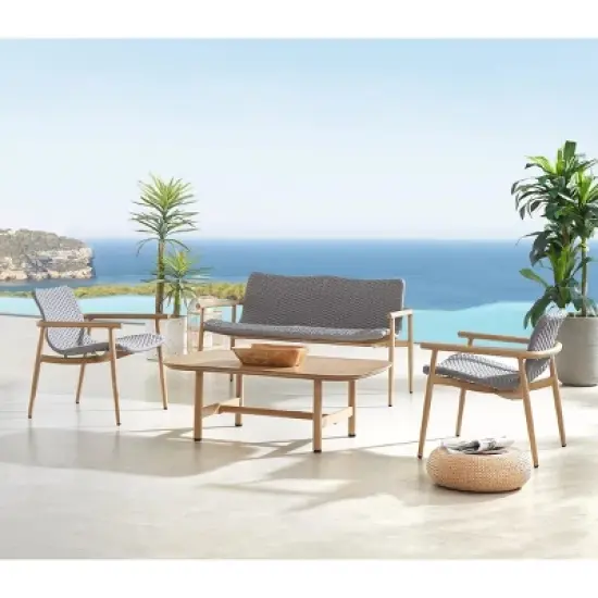 Layout Optimized Outdoor Seating Ensemble 4Piece Sofa & Armchair Set w/ Grid Weave & Planked Table image {1}