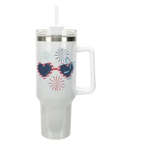 Elanze Designs 40 Ounce Stainless Steel Double Wall Insulated Glitter Travel Tumbler With Handle, Straw, and Lid, Patriotic Sunglasses White image {1}
