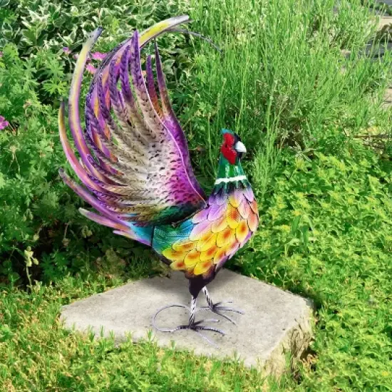 28" Indoor/Outdoor Metal Rooster with Flared Feathers Decorative Garden Statue - Alpine Corporation image {1}