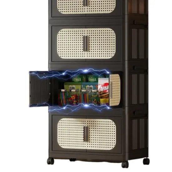 Foldable Storage Cabinet with Rattan-Style Doors, Stackable Plastic Organizer with Brake Casters Black image {3}