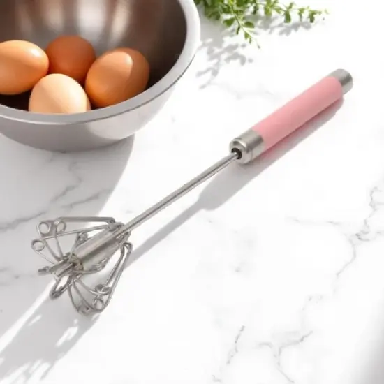 Unique Bargains 12" Semi-Automatic Loop Whisk Dishwasher Safe Stainless Steel Pink Silver Tone image {3}