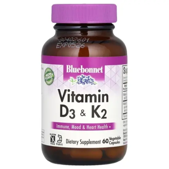 Bluebonnet Nutrition Vitamin D3 & K2, 60 Vegetable Capsules image {3}