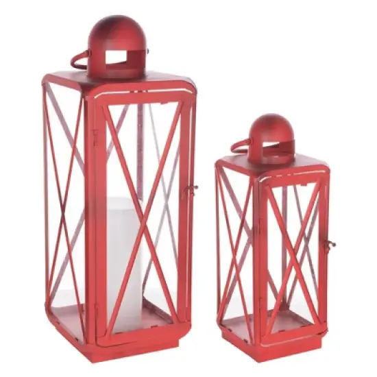 HomeRoots Set of Two Red Geometric Metal Centerpiece Lantern Candle Holders image {4}
