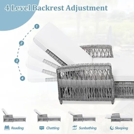 2 Pieces Outdoor Lounge Chair 4-Position Chaise Lounge Wicker Long Reclining Chair Lawn Sunbathing Chairs with Cushion, Beige/Grey-ModernLuxe image {3}