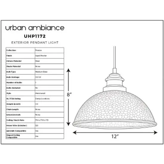 Urban Ambiance Luxury Hammered Outdoor Pendant Light,  8" x 12",  Aged Pewter Finish, UHP1172 image {5}