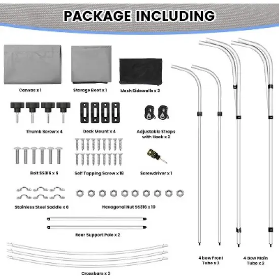 3 Bow Bimini Tops for Boat, Boat Canopy with 2 Removable Side Curtains, 4 Adjustable Windproof Ropes, Marine Grade Canvas for Sun Protection image {6}
