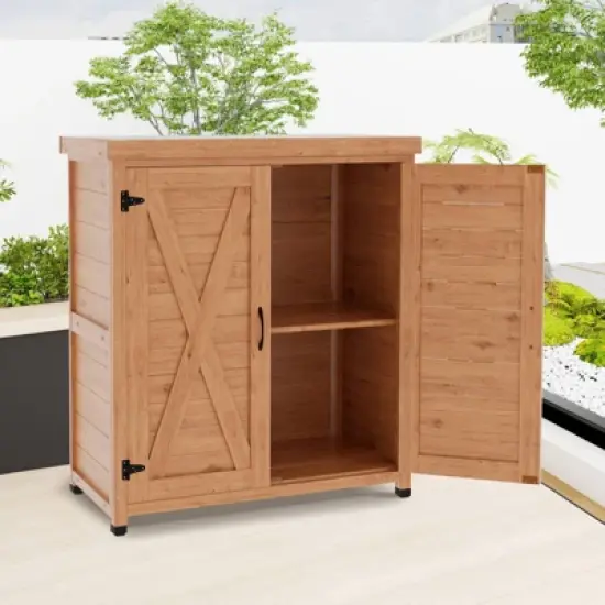 WELLFOR Outdoor Potting Bench with Storage Cabinet and Metal Table Top Light Brown image {2}