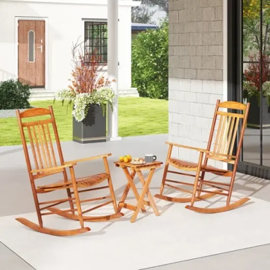 Tangkula 3PCS Patio Poplar Wood Rocking Bistro Set Outdoor Furniture Set for Garden image {2}
