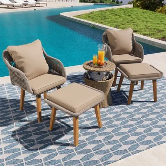 5 Piece Outdoor Patio Furniture Set, Wicker Outdoor Conversation Set With Bar Table and Ottomans, Cushioned Patio Chairs for Poolside Backyard image {8}