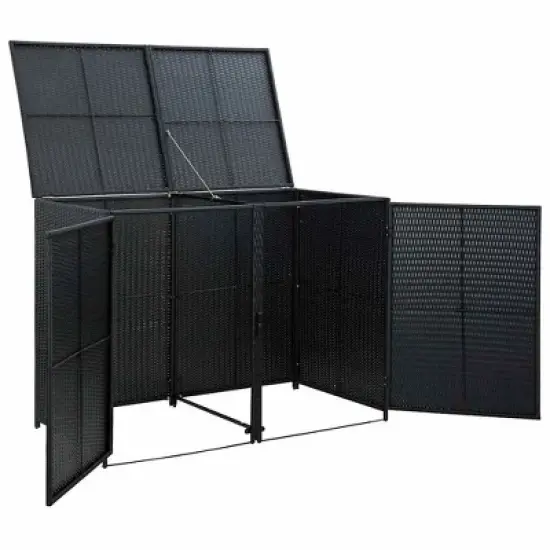 vidaXL Double Wheelie Bin Shed with Lid and Lockable Doors, Poly Rattan 31.5"x58.3"x43.7" Black image {6}