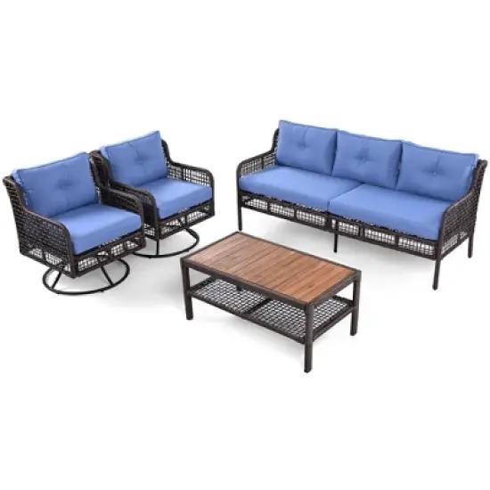 FIONECA 4-Piece Patio Furniture Set with Swivel Chairs, Outdoor Rattan Conversation Sofa Set for 5 People, Cushions & Coffee Table, Blue image {6}