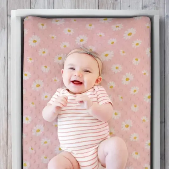 The Peanutshell Changing Pad Cover for Baby Girls, Daisy Plush Minky, Pink image {3}