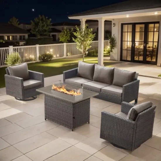 4 Pieces Patio Furniture Set with Fire Pit Table, Outdoor Furniture Set with Rocking Swivel Chairs, Wicker Patio Set with 4'' Thickened Cushion image {18}