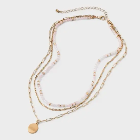 Rose Quartz and Medallion Charm Beaded Necklace - Universal Thread&trade; Gold image {2}