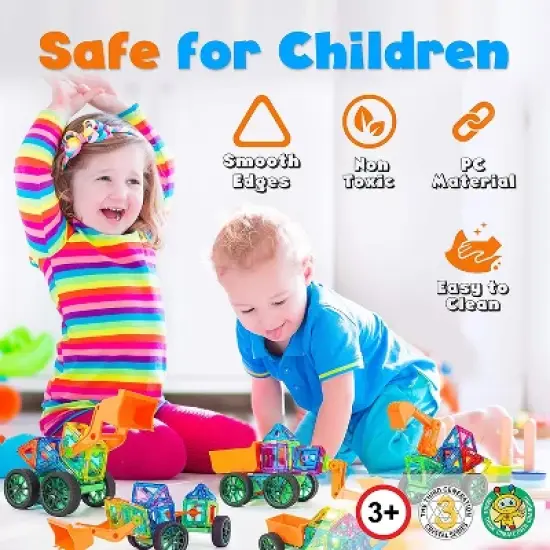 Hurtle Kids Childrens Deluxe 70 Piece Educational STEM Engineering Magnetic Building Block Set with 2 Big Wheels, Car Body, and Bulldozer Arm, Multi image {4}