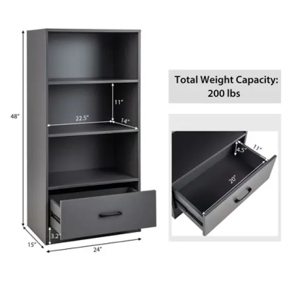 Costway 4-Tier Bookcase 48'' Display Bookshelf Storage Organizer with Shelves & Drawer Grey/White/Natural image {3}