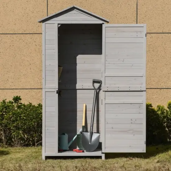 Outsunny 35.5" x 24.75" x 78.75" Wooden Storage Shed Cabinet, Outdoor Tool Shed Organizer with 3 Shelves Handle Magnetic Latch Foot Pad, Light Gray image {2}