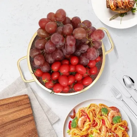 Gold Strainer for Kitchen, 3QT, Stainless Steel Colander with Handle for Fruits Vegetables Cooking Food, Dishwasher Safe image {4}