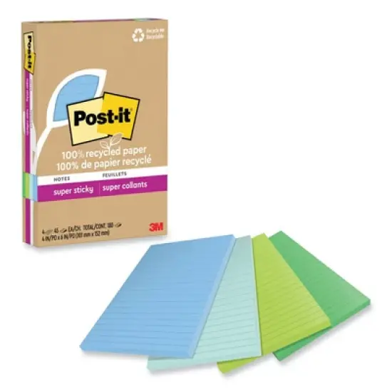 Post-it Notes Super Sticky 100% Recycled Paper Super Sticky Notes, Ruled, 4" x 6", Oasis, 45 Sheets/Pad, 4 Pads/Pack image {4}