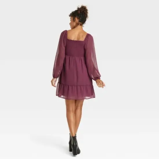 Long Sleeve Smocked Chiffon Mini Maternity Empire Waist Dress - Isabel Maternity by Ingrid & Isabel&trade; image {1}