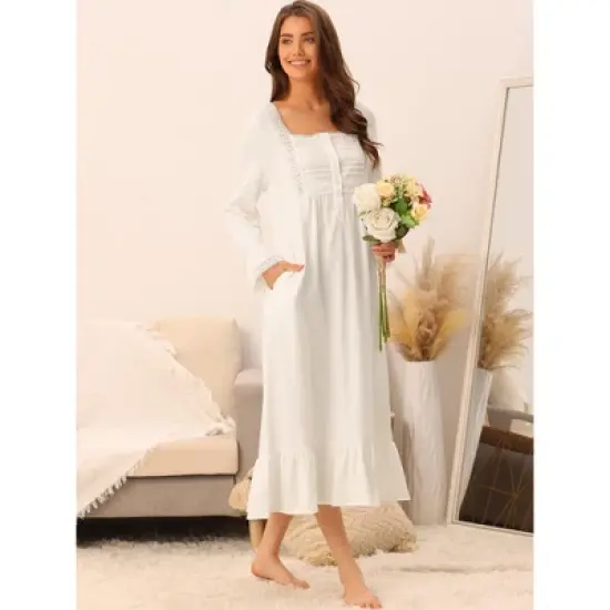 cheibear Women's Victorian Long Sleeve Ruffle Night Gown Sleepwear with Pockets image {1}