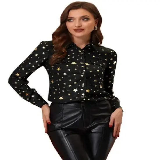 Allegra K Stars Shirt for Women's Metallic Gilding Shiny Long Sleeve Vintage Blouse image {5}