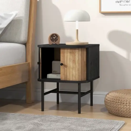 Costway Sliding Door Nightstand Mid-century Modern Storage End Table with Cabinet Black/Distressed White image {3}
