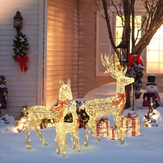 LuxenHome 3-Piece Deer Family Outdoor Holiday Decoration Set with Lights and Timer White, Red image {3}