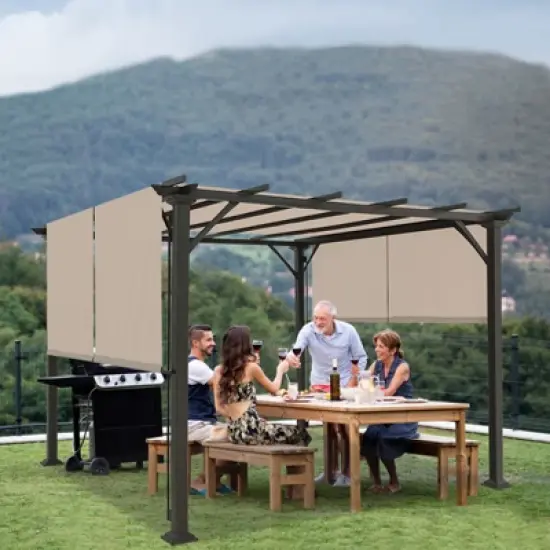 EAGLE PEAK 10'x10' Outdoor Pergola with Retractable Sunshade Canopy, Beige image {8}