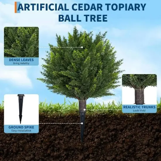 Set of 2 Artificial Cedar Topiary Trees 24" - UV Resistant Faux Cypress Shrubs w/ Ground Spikes for Porch & Garden Decor image {4}